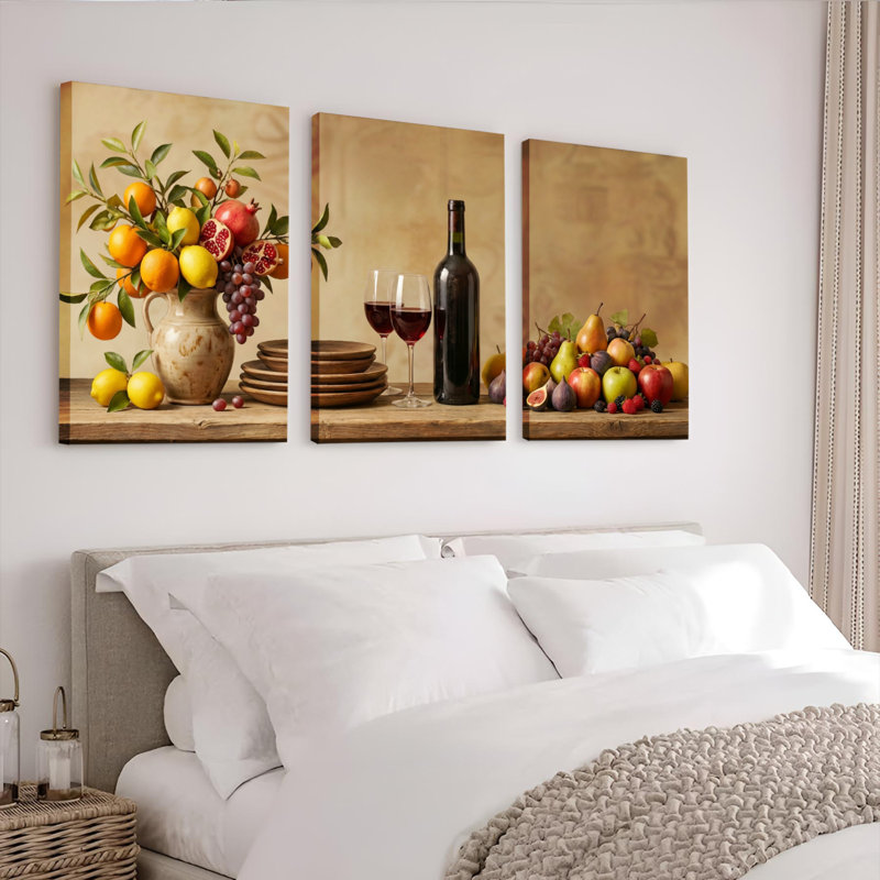 Fruit et vin nature morte sur toile tendue, ensemble de 3 reproductions d'art sur toile, H 36 po x l 72 po