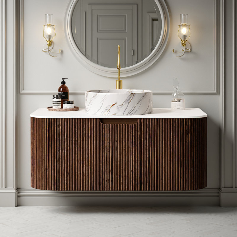 Floating Bathroom Vanity - White Ceramic Bowl Sink & Stone Countertop (Pre-Assembled, No Faucet), Brown, 36"
