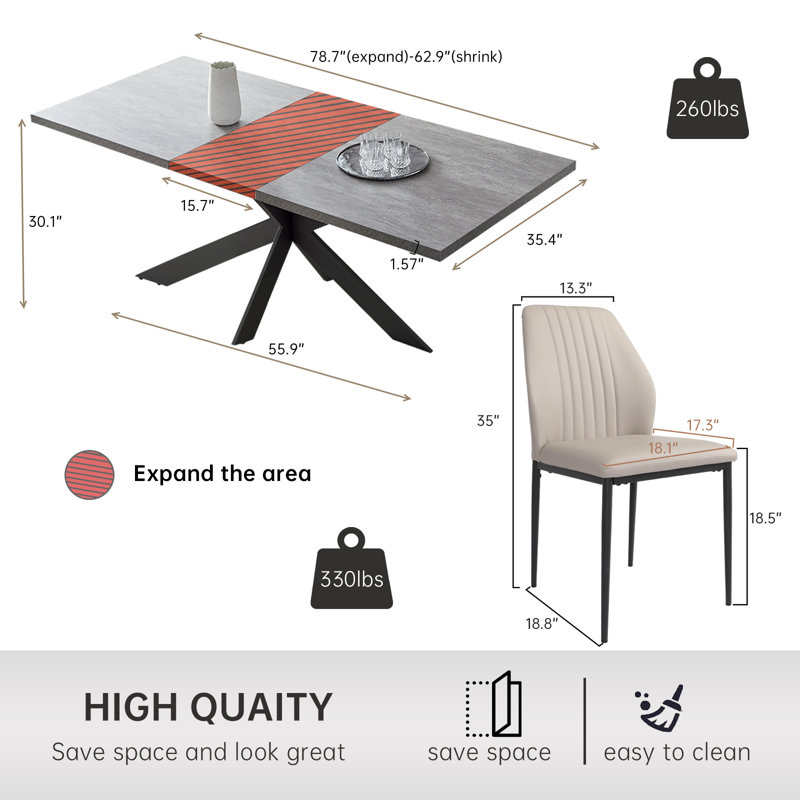Geigle Extendable Table Set for Kitchen Dining Room Table, Home Furniture(1Table, 6Chairs), Gray, Beige