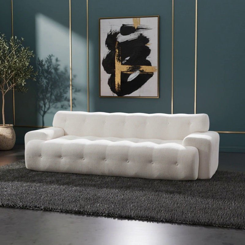 88 po Canapé Cloud en chenille 3 places avec bouton capitonné et confortable, blanc neige