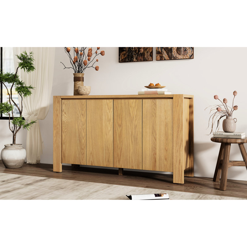 Buffet rétro en bois à 4 portes, rangement spacieux, finition vieillie, repose-pieds réglables, tablettes, trous de gestion des câbles