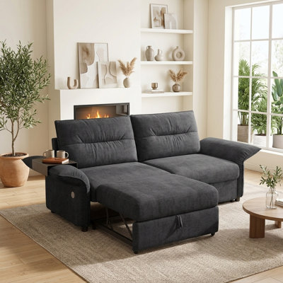85" Multi-functional Convertible Sofa Bed with Plush Fabric and Wooden Frame