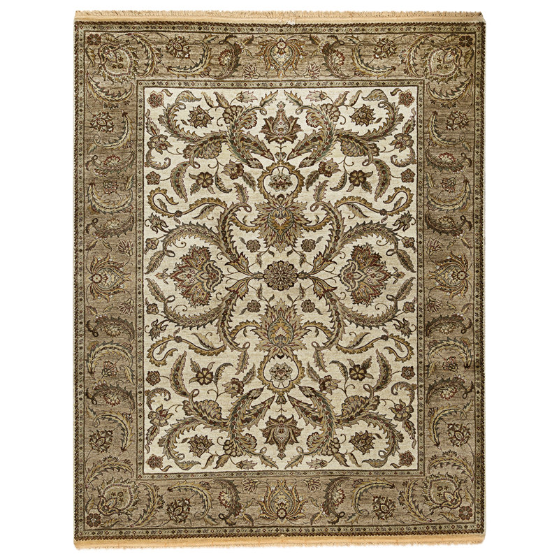 Hand Knotted Area Rug, Cream And Camel, Rectangle 12'1" x 9'1"