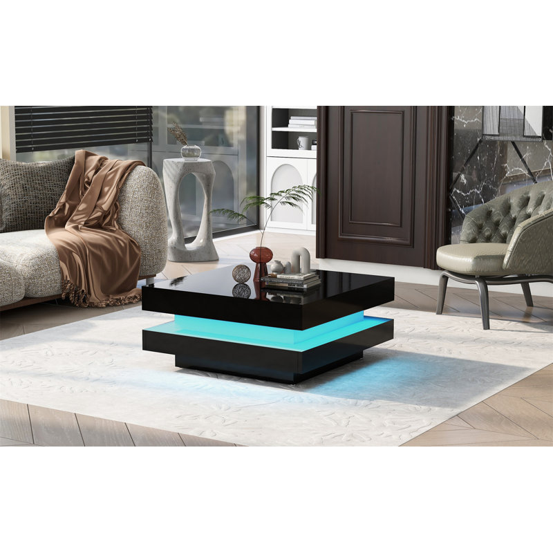 Deontea Pedestal  High Gloss Minimalist Design with LED Lights, 2-Tier Square Coffee Table, Centre Table, Living Room Table
