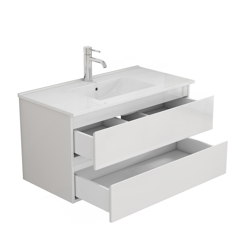 Ensemble de meuble-lavabo 36 po avec lavabo, armoire avec 2 grands tiroirs, système de fermeture en douceur, 2 grands tiroirs, conception sans poignée, assemblage facile, blanc brillant