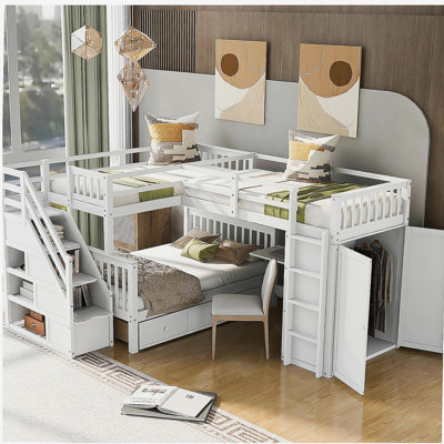Lit superposé simple en forme de L simple avec 3 tiroirs, bureau portable et garde-robe, gris (ANCIEN SKU: LT100542AAE)