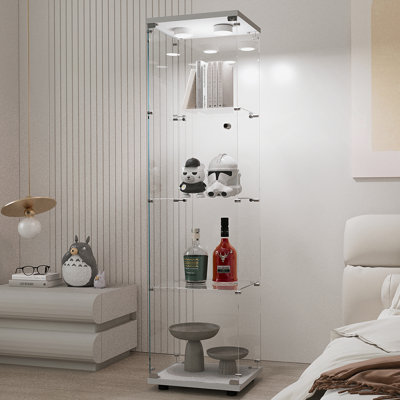 Versatile Tempered Glass Display Cabinet With Battery - Powered Lighting And Adjustable Feet, Ideal For Multiple Storage Needs And Various Locations