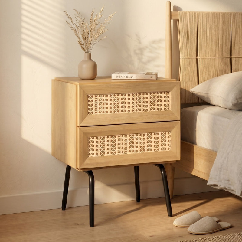  Lulu Solid Wood Nightstand with Natural Rattan Drawer, Sand, 2