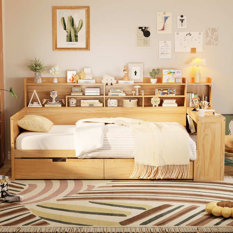 Lit de jour simple avec tablettes de rangement latérales et bureau d'étude pour les pieds, grand bureau en bois, Naturel