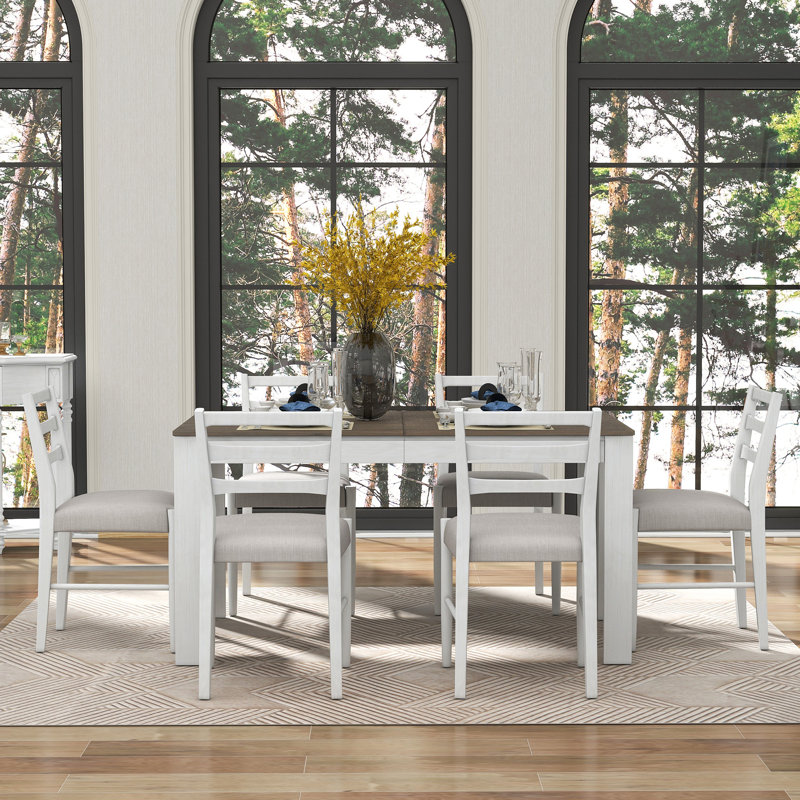 Ensemble de table de salle à manger 7 pièces 7 pièces avec rallonge 12 po et 2 tiroirs, Beige, Brown/White