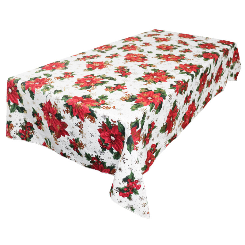 Isella Christmas Floral Christmas Poly-Cotton Tablecloth, White, 144" x 58"