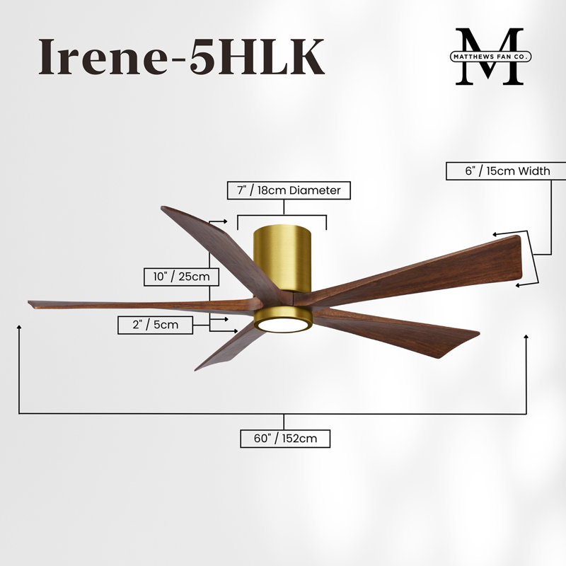 Irene Flushmount Light Kit 5 Blade LED Ceiling Fan, Brushed Brass, Walnut Tone, 60"
