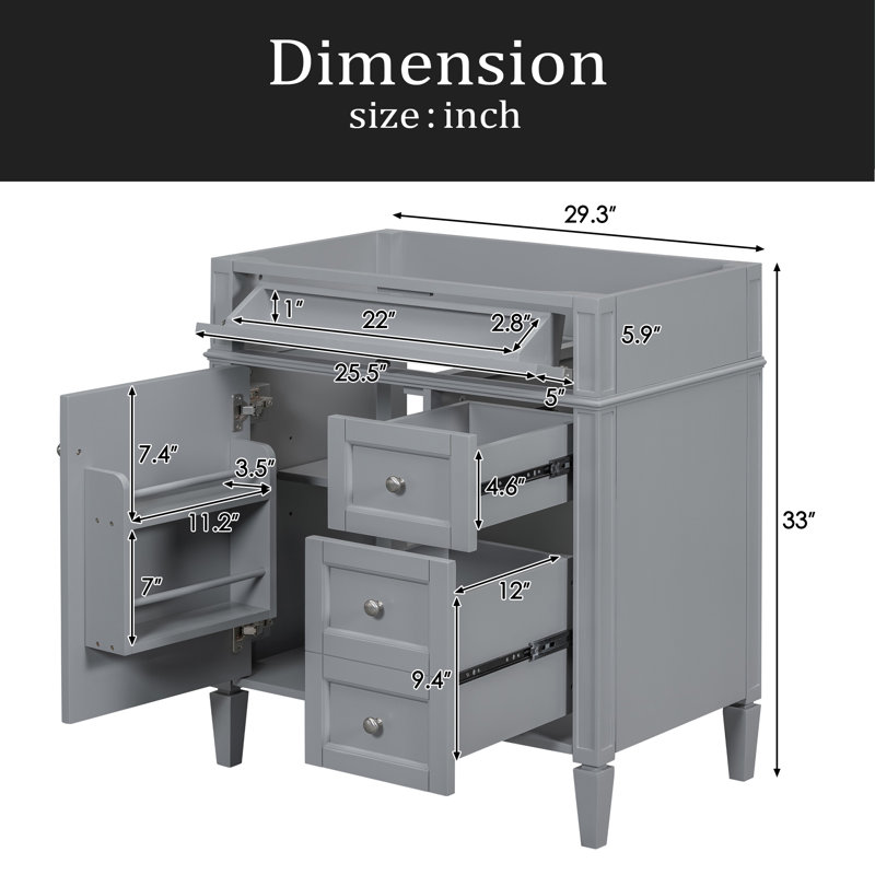 Meuble-lavabo de salle de bain de 30 po sans lavabo supérieur, armoire de rangement moderne avec 2 tiroirs et un tiroir rabattable (BASSIN INCLUS)