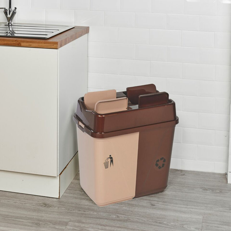 Plastic Kitchen Trash Can, Brown/Beige, 60L