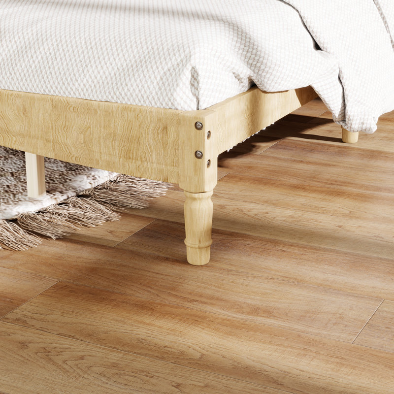 Lit plateforme en bois de style rétro avec tête de lit en forme de gourde et support à lattes, Grand lit, Naturel