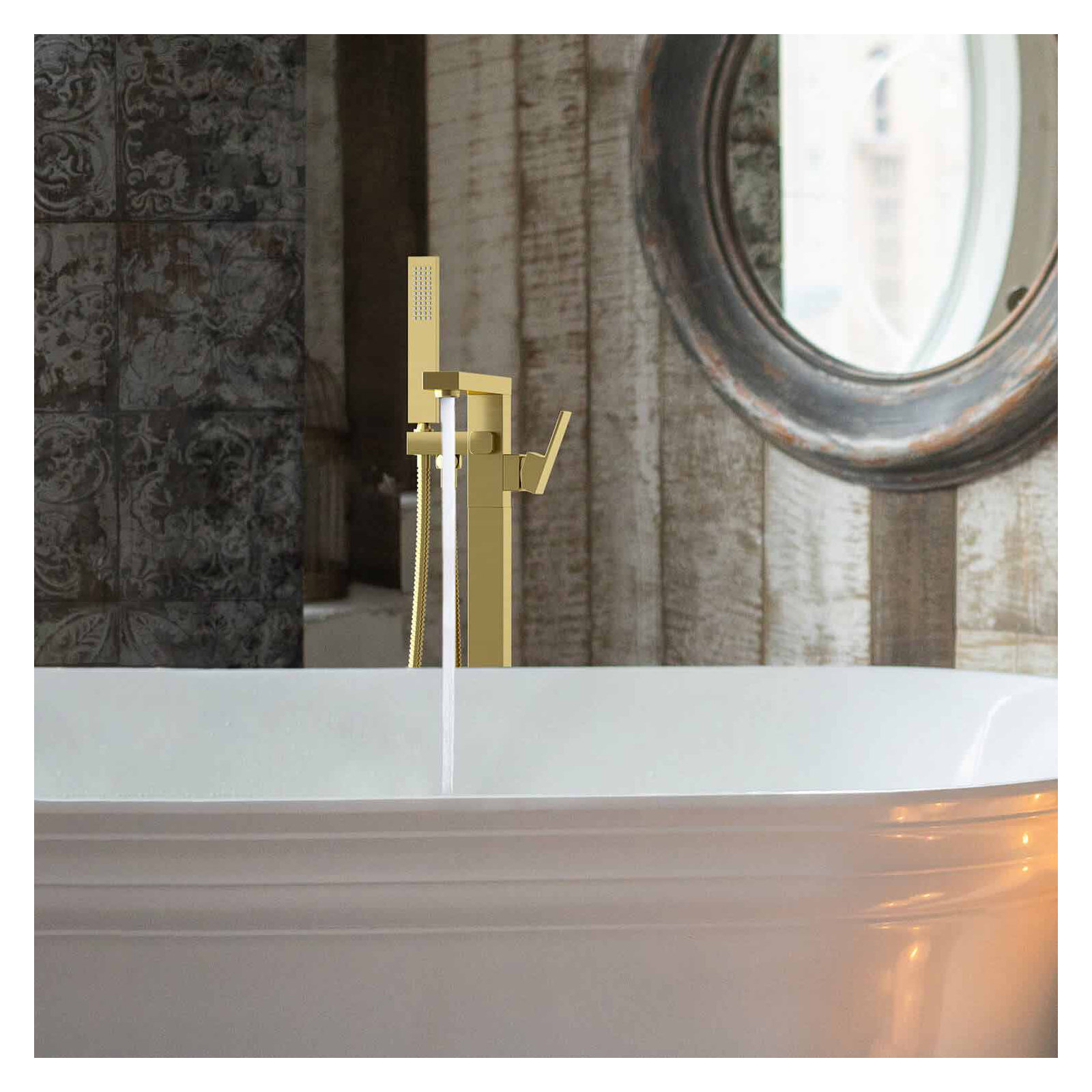 Cube Floor Tub Spout with Diverter, Brushed Gold