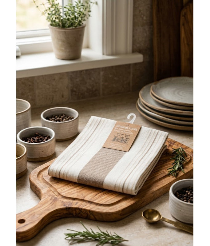 Classic Gingham Kitchen Towel Set of 4  Soft And Absorbent Cotton, IVORY/WHITE, Stripe