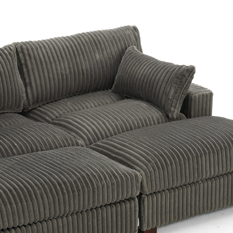 4 - Piece Upholstered Light Gray Faux Rabbit Fur Flannel Reversible Modular Sofa Living Room Sectional Couch with Ottoman