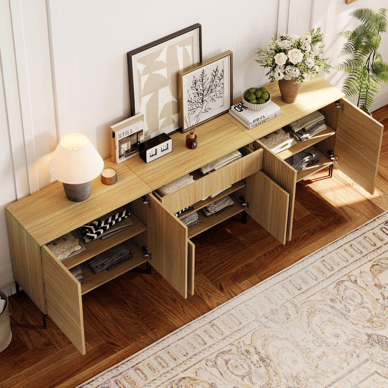 94.5" W Reeded TV Stand for TVs up to 77", Oak
