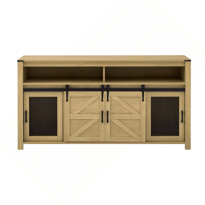 Buffet Farmhouse avec porte de grange coulissante, panneaux en filet et rangement ouvert, Naturel