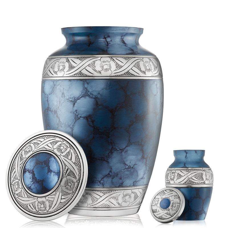 Elegant Blue Polished Brass Keepsake Urn Set