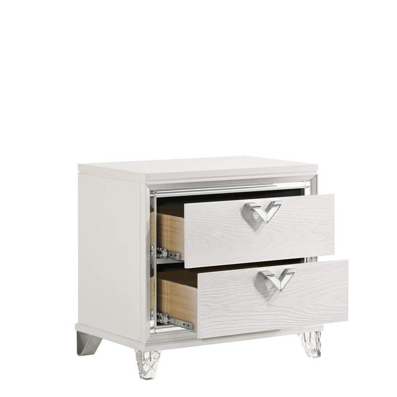 Chambre à coucher 2 Table de chevet avec lumière DEL et poignées inhabituelles en forme de V en blanc - DEL moderne, style 2 poignées de tiroir