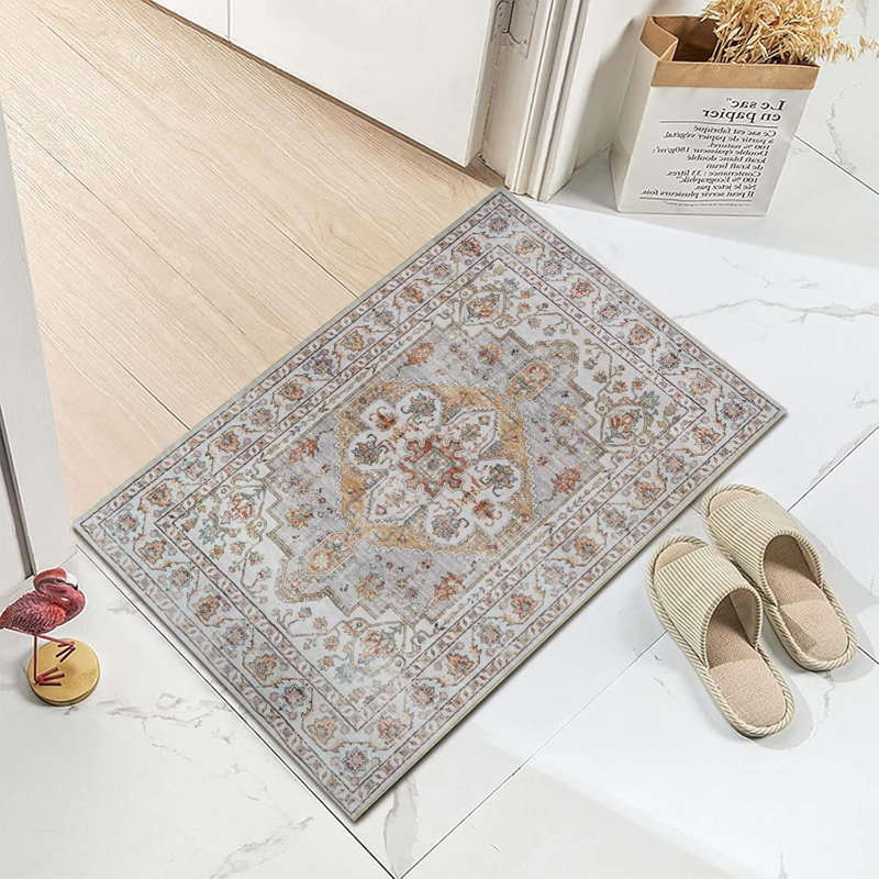 Washable Hallway Rug: Non Slip Rugs with Rubber Backing Soft Kitchen Rug Farmhouse Distressed Carpet for Living Room Bedroom Bathroom (Turmeric/Grey)