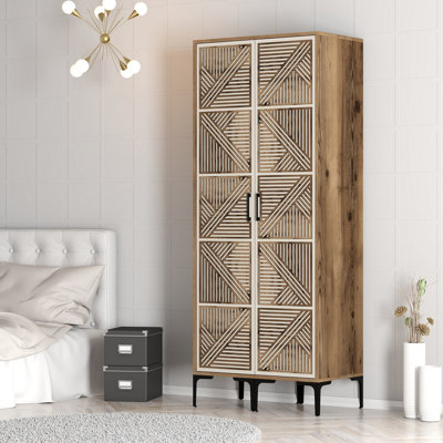 Armoire Ayreanna avec design rustique, finition noyer et crème, 31,5 po x 79,2 po x 18,7 po | 100% panneau de particules enduit de mélamine, épaisseur: 0,7 pouce | Solution de rangement élégante pour la chambre à coucher et les espaces de vie, élégance géométrique et durabilité