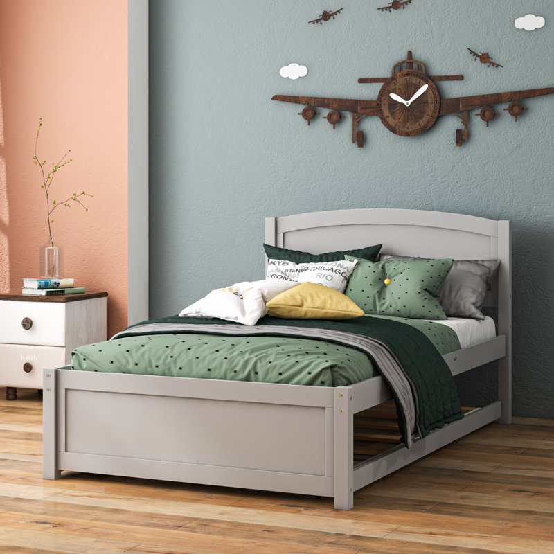 Twin Solid Wood Platform Bed with Trundle, Gray