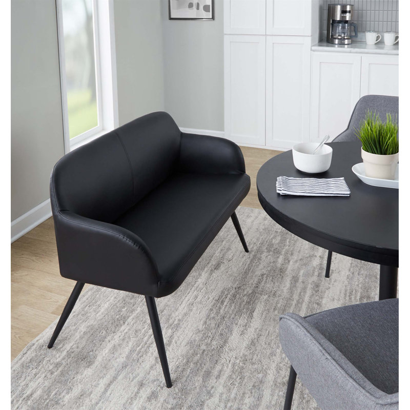 Élégant banc à dossier haut en similicuir et acier, parfait pour les intérieurs modernes et confortable pour deux personnes.