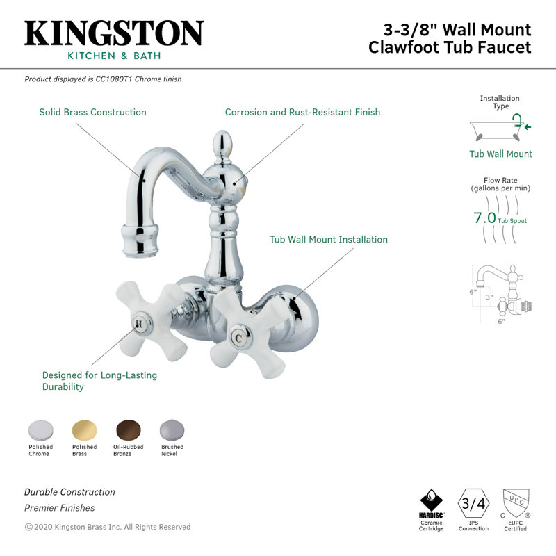 Kingston Brass Vintage Two-Handle 2-Hole Tub Wall Mount Clawfoot Tub Faucet, Oil Rubbed Bronze