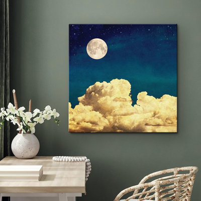 Pleine lune galaxie et étoiles sur des nuages jaunes sur toile