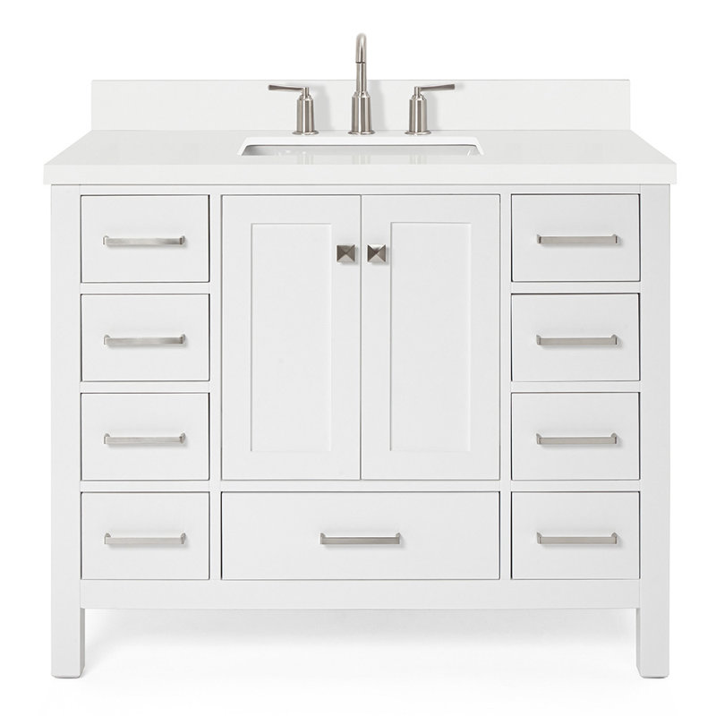 Cambridge 43 In. W X 22 In. D X 36 In. H Vanity With Quartz Vanity Top In White With Basin, White / Brushed Nickel