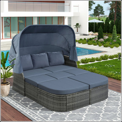 Outdoor Patio Furniture Set Daybed Sunbed with Retractable Canopy Conversation