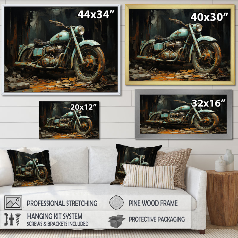 Motocyclette classique bleue et noire - art mural moto, Cadre d'angle fermé noir, H 12 po x l 20 po x P 1 po