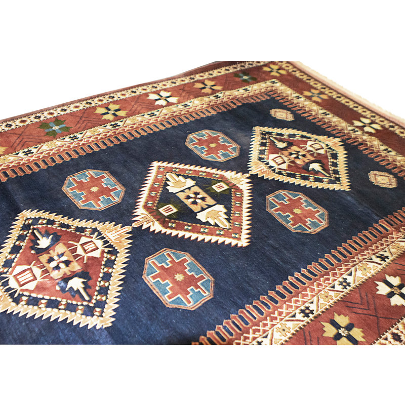 High-Quality Hand-Knotted Navy And Rust Area Rug