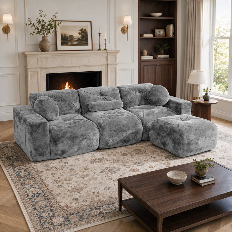 Canapé modulaire en velours sans os pour le salon sans assemblage requis, L 112 po, Gris