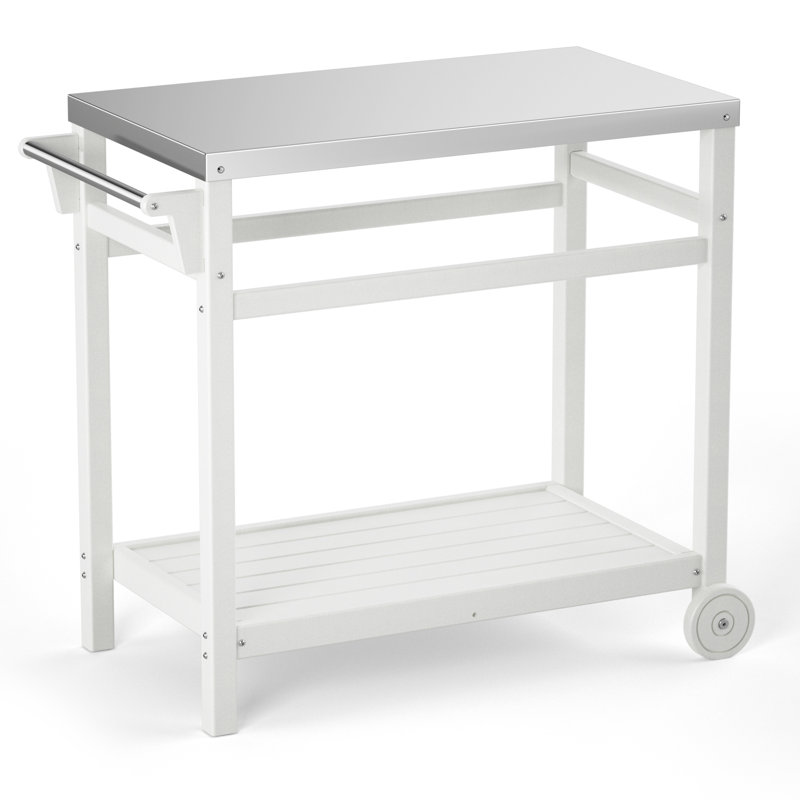 Outdoor Grill Table Cart with Stainless Steel Top&3-Shelf, 33.5" H x 19.7" W x 34" D, White