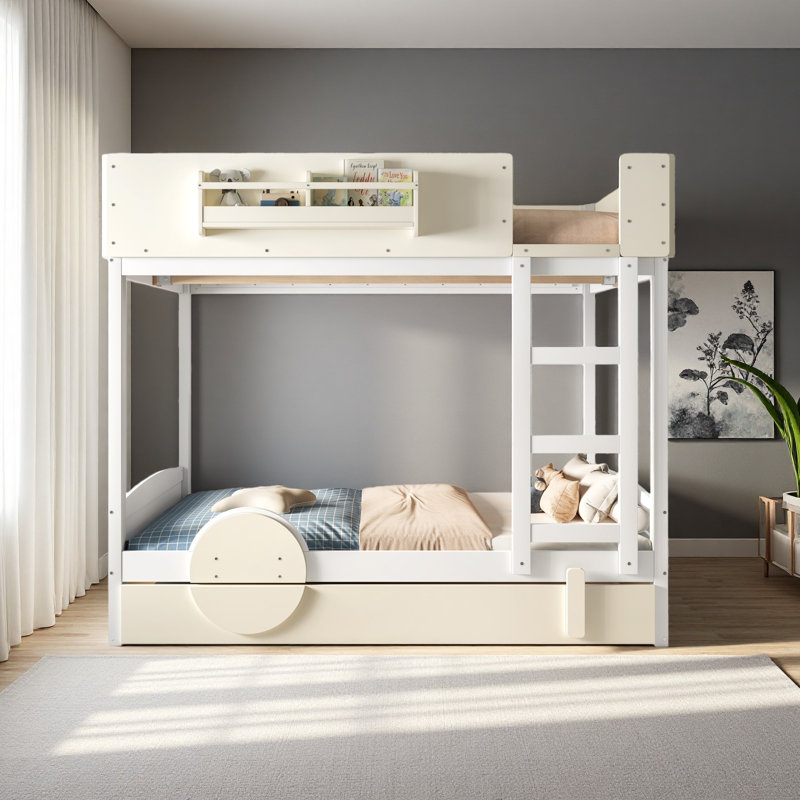 Lit superposé double avec lit gigogne, Beige