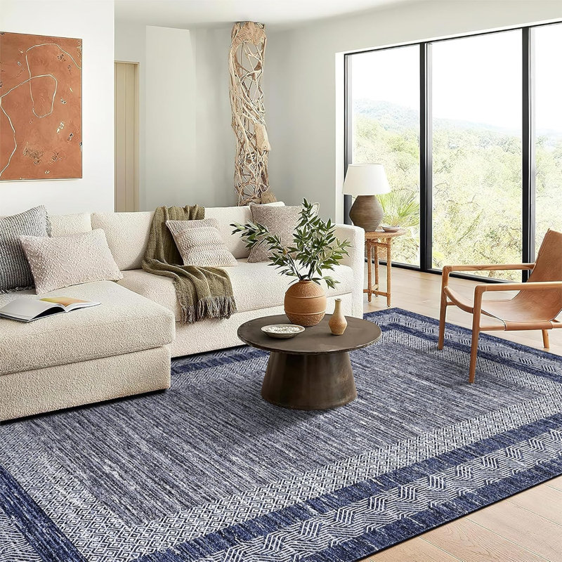 8x10 Modern Rug Thin Washable Non-Slip Geometric Border Low Pile Foldable Soft Non-Shedding Indoor Accent Carpet Gray