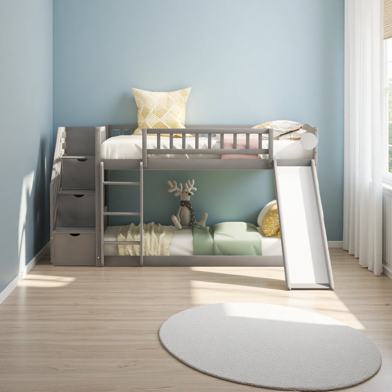 Lit superposé simple au-dessus de simple avec deux tiroirs et glissière Stairway, Gris