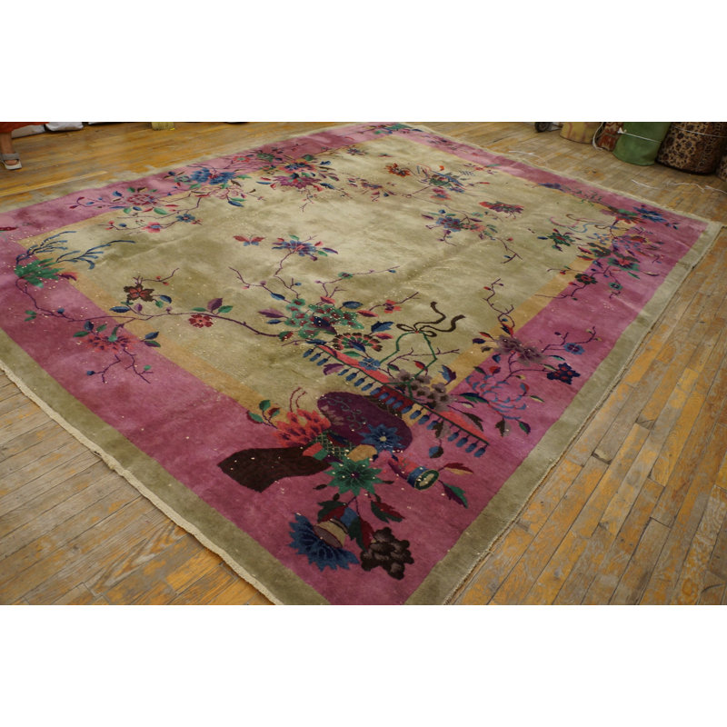 Antique Art Deco Room Size Wool Ivory, Pink Rug