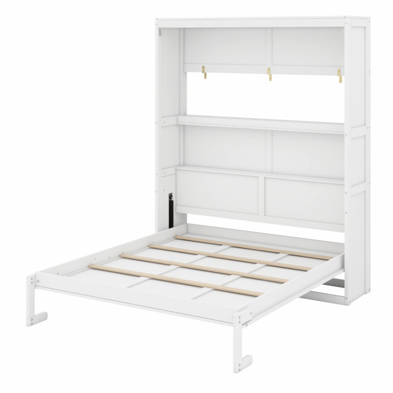 Lit escamotable polyvalent avec tablettes de rangement, Blanc