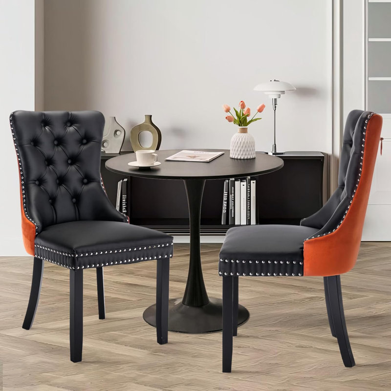 Ensemble de table de salle à manger rond avec 2 chaises, Noir, noir, noir, noir, Noir / Orange