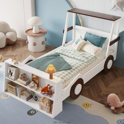 Lit plateforme simple pour enfant avec tablettes de rangement | Joli design en forme de voiture, brun et blanc