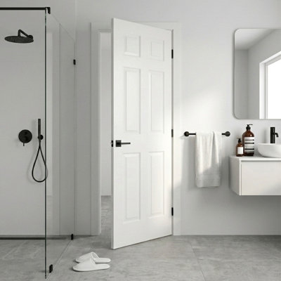 24”X80" Left Hand Prehung Interior Door with Knock Down Jamb Kit & Matte Black Hinges, 6-Panel Hollow Core Interior Slab Door with Bore & Hinge Cutout For Bathroom, Pantry, Laundry Interior Door