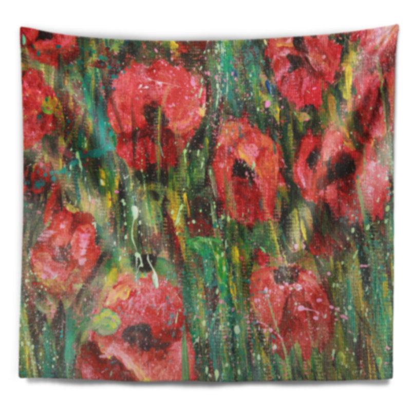 Tapisserie florale, coquelicots rouges, H 32 po x l 39 po