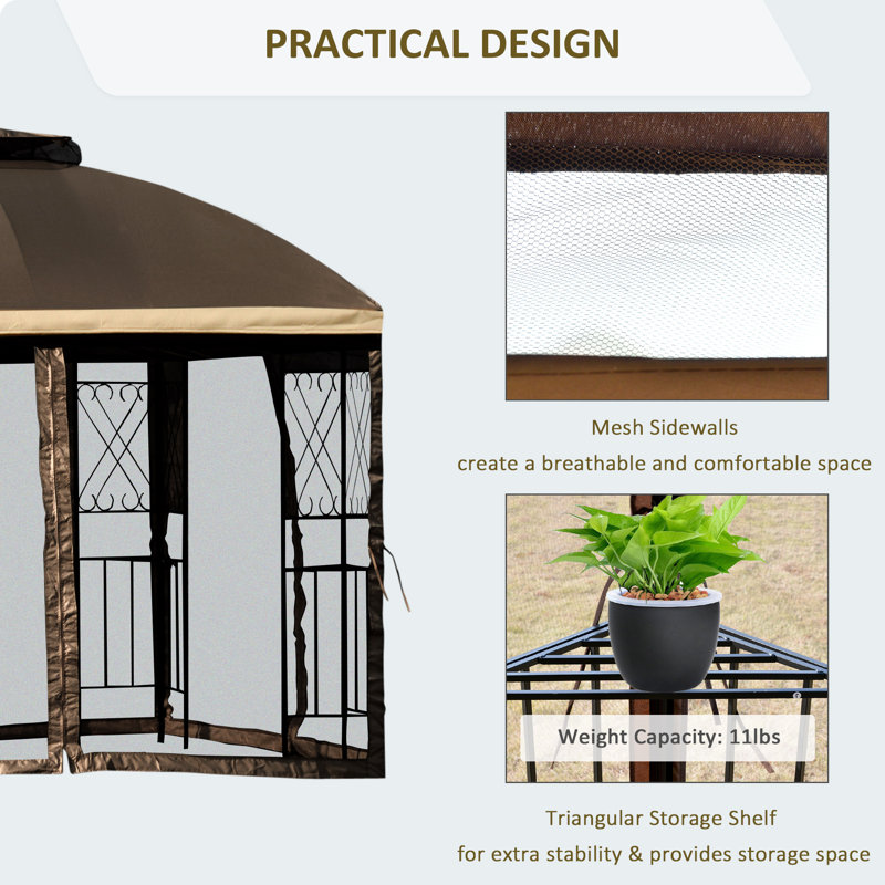 Brown 10' x 10' Metal Patio Gazebo with Mesh Netting