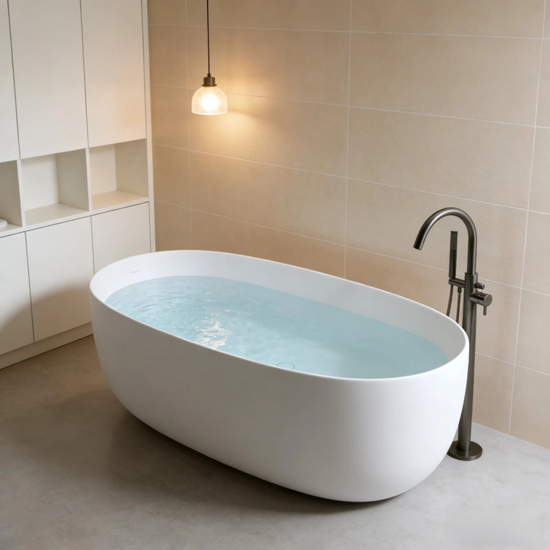 47" Freestanding Soaking Bathtub Matte White Solid Stone Resin Freestanding Tub Modern Oval Non-Porous Deep Soaking Bathtub with Overflow & Pop-Up Drain