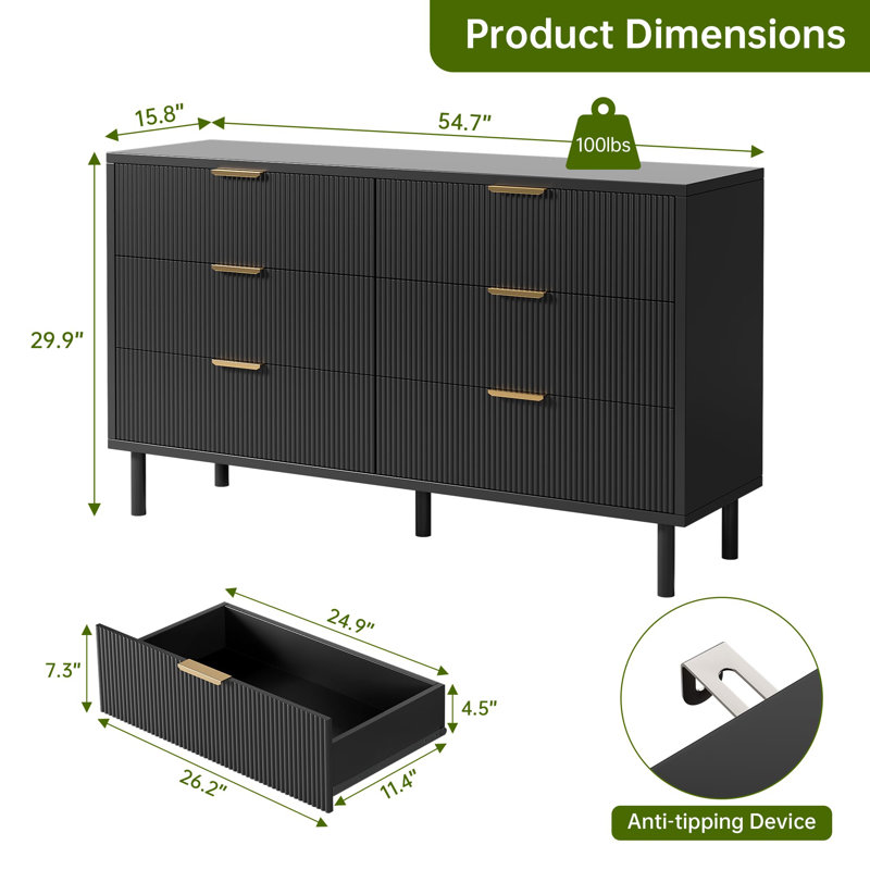 Wave Fluted 6 Drawer Modern Dresser with Metal Legs & Handles, Black Wood Storage Chest for Bedroom